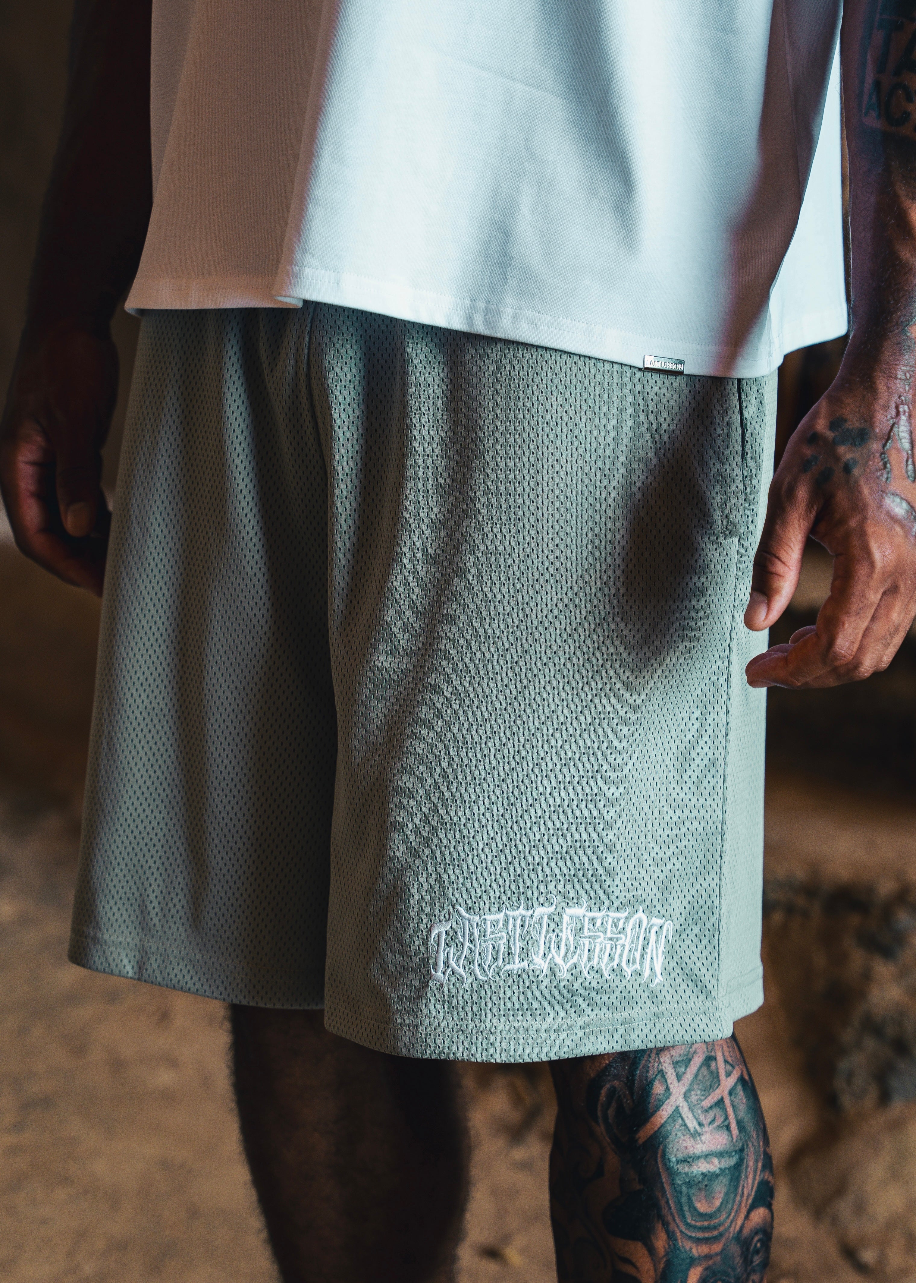 Last Lesson Script Mesh Grey Shorts